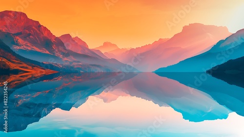 Serene Minimalist Landscape: Double Exposure Silhouette of Mountains and Lake with Copy Space and Bright Colors