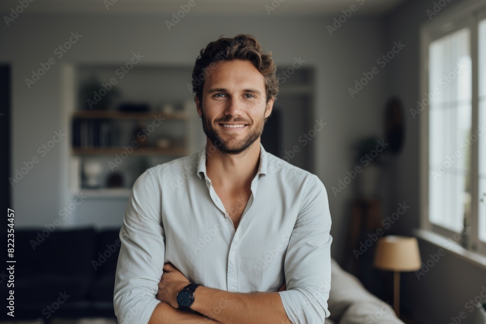 Portrait of a satisfied man in his 30s smiling at the camera while standing against crisp minimalistic living room Portrait of a satisfied man in his 30s smiling at the camera while standing against crisp minimalistic living room