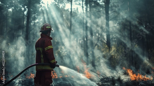 A firefighter in the forest in uniform extinguishes burning trees by watering them with a hose. forest fires, nature conservation