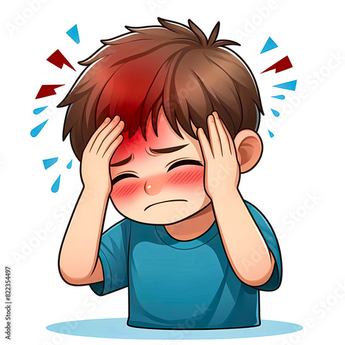 Vector illustration showing a severe headache in a child that may lead to a migraine attack on a white background. photo