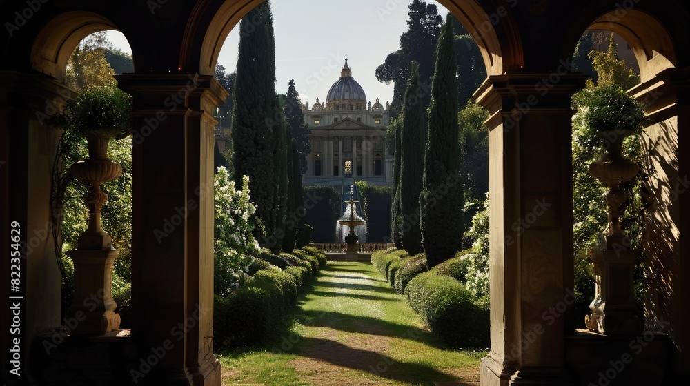Obraz premium Through an archway adorned with green hedges against a dark-toned black background, a distant view of a church evokes a sense of mystery and tranquility.