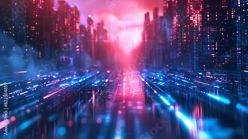 Digital Futuristic Cityscape with Vibrant Holograms - Sci-Fi Technology Background