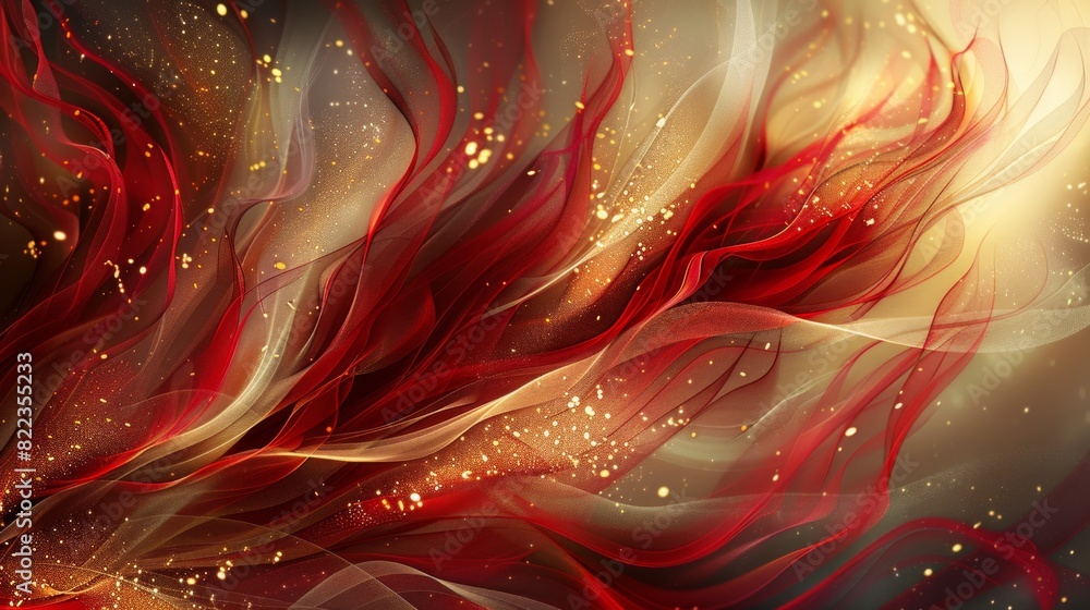 Red flowing fabric with sparkling gold dust in motion. Red flowing fabric with sparkling gold dust in motion.