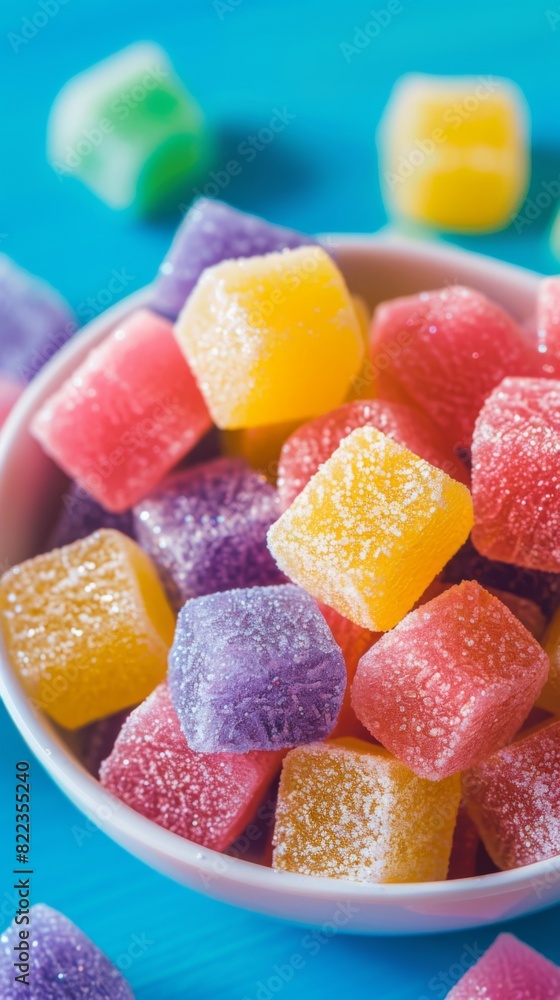 Bowl of colorful sugared candies on a blue surface Bowl of colorful sugared candies on a blue surface