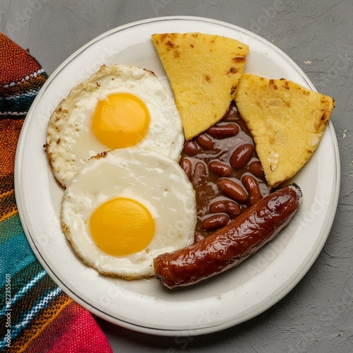 a plate with a breakfast with eggs on a table