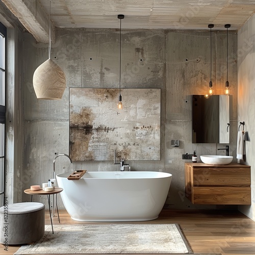 minimalist and serene bathroom with floating vanity  freestanding tub and rainfall shower