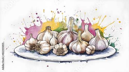 A drawing of garlic and garlic on a plate.