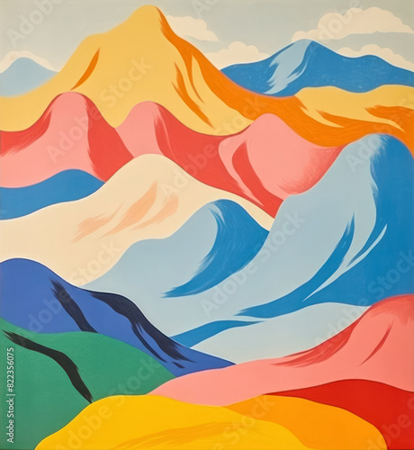 mountains landscape poster illustration in vintage style, simple minimalism, bright