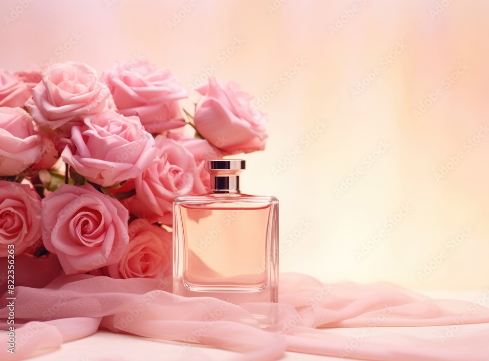 photo of eau de toilette, roses, perfume, women's, pink background, gentle, copy space, blank, close photo of eau de toilette, roses, perfume, women's, pink background, gentle, copy space, blank, close