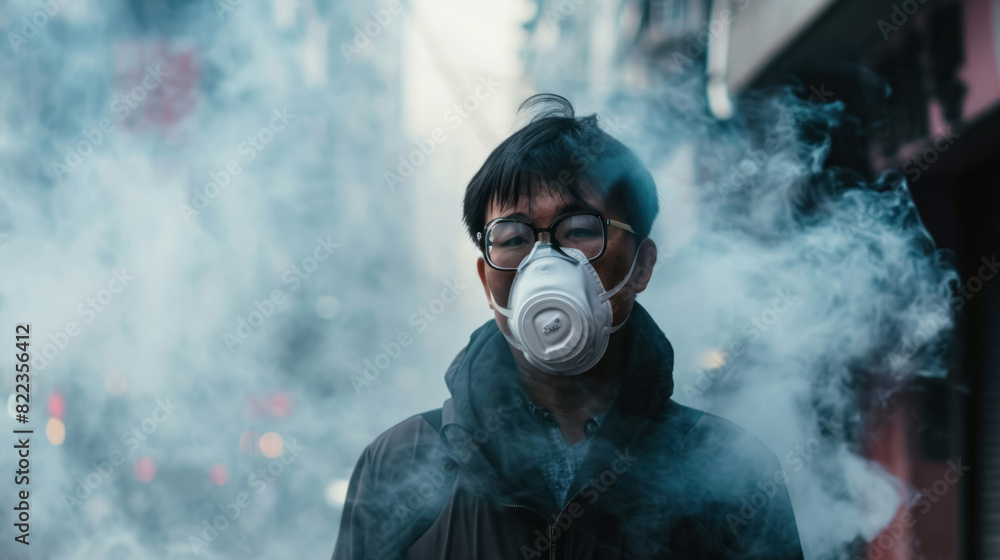 a man in a protective mask and respirator in a smoky dusty city, smog, bad ecology in big cities, environment, pollution a man in a protective mask and respirator in a smoky dusty city, smog, bad ecology in big cities, environment, pollution