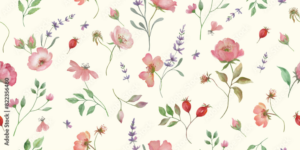 Seamless watercolor pattern with rose hip. Hand drawn illustration floral isolated on pastel background. Vector EPS.