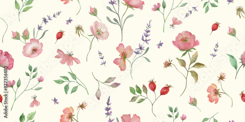 Seamless watercolor pattern with rose hip. Hand drawn illustration floral isolated on pastel background. Vector EPS.