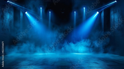 empty dark blue stage with neon lights spotlights and smoke abstract studio room interior for product display 3d rendering