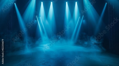empty dark blue stage with neon lights spotlights and smoke abstract studio room interior for product display 3d rendering © Bijac
