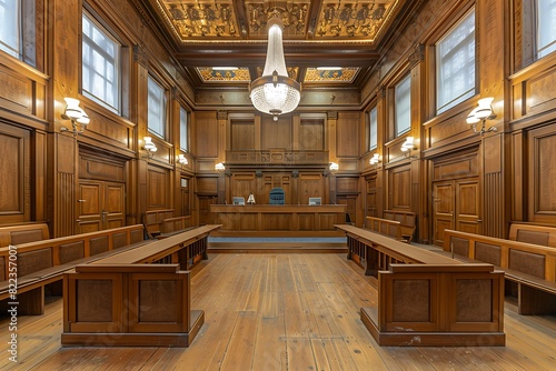 a courtroom with wooden panels and seating for the judge  in the style of Angeloic  high resolution  hyper realistic  wide angle