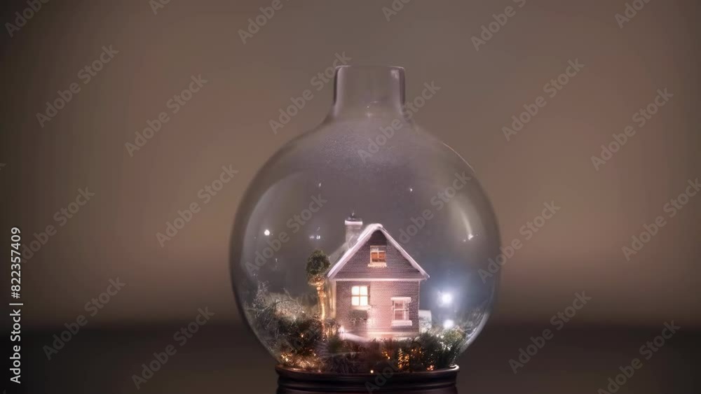 Miniature house inside a glass bulb with a lush green landscape. The setup resembles a tiny terrarium with detailed foliage and a glowing light inside. Miniature house inside a glass bulb with a lush green landscape. The setup resembles a tiny terrarium with detailed foliage and a glowing light inside.