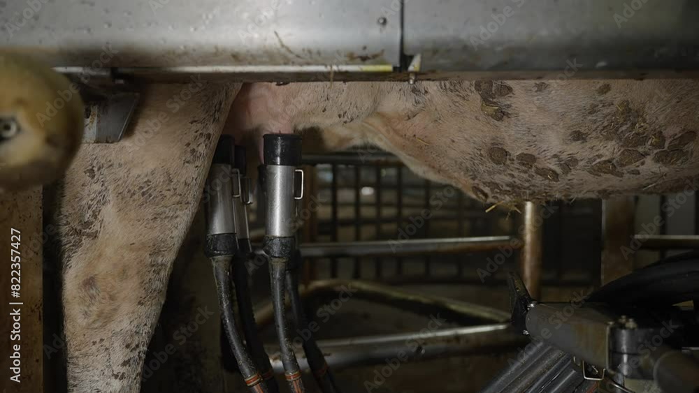Automated cow milking machine used at the livestock barn. Modern milking machine attached to the cow. Farming machine connected to the cow animal for milk extracting process. Dairy. Husbandry. Udder. Automated cow milking machine used at the livestock barn. Modern milking machine attached to the cow. Farming machine connected to the cow animal for milk extracting process. Dairy. Husbandry. Udder.