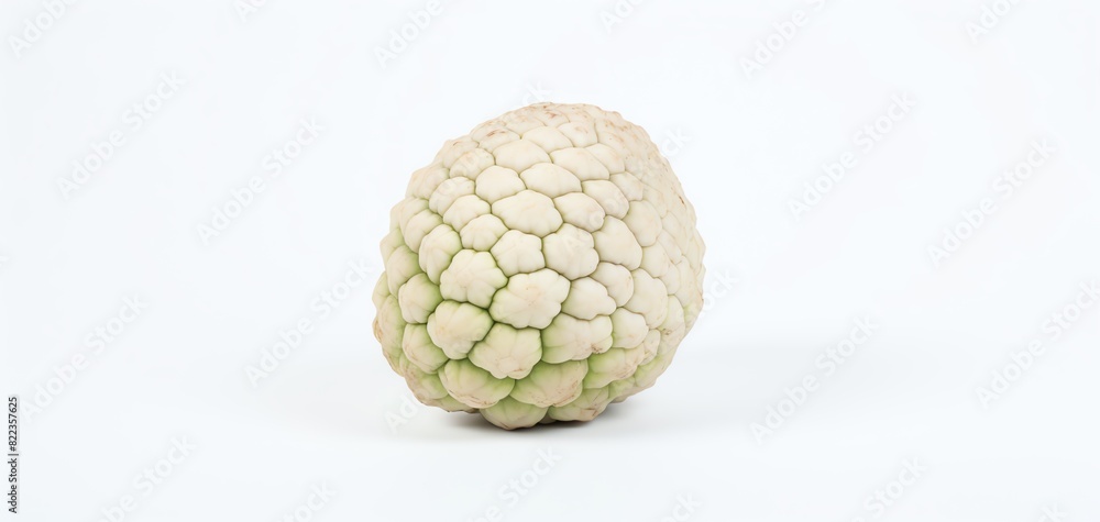 Fototapeta premium A single cherimoya fruit with a textured, scaly surface, isolated on a white background. Perfect for illustrating exotic fruit varieties.