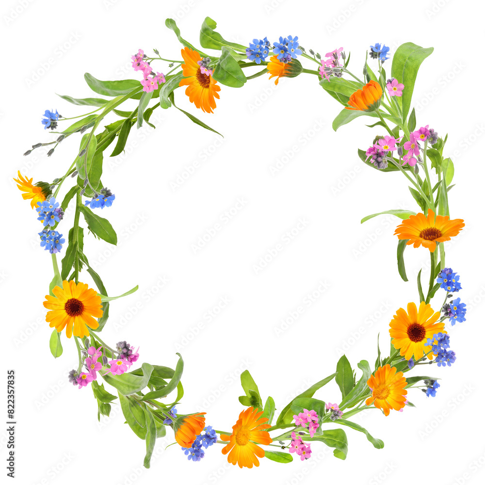 Wreath of beautiful wild flowers isolated on white Wreath of beautiful wild flowers isolated on white
