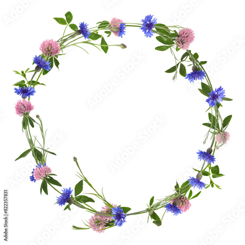 Wreath of beautiful wild flowers isolated on white