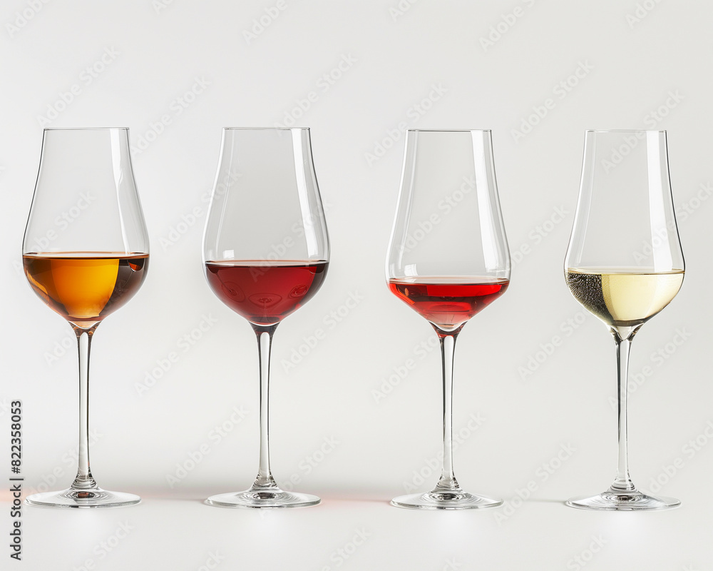 Four wine glasses with red, pink, white wine on a light background