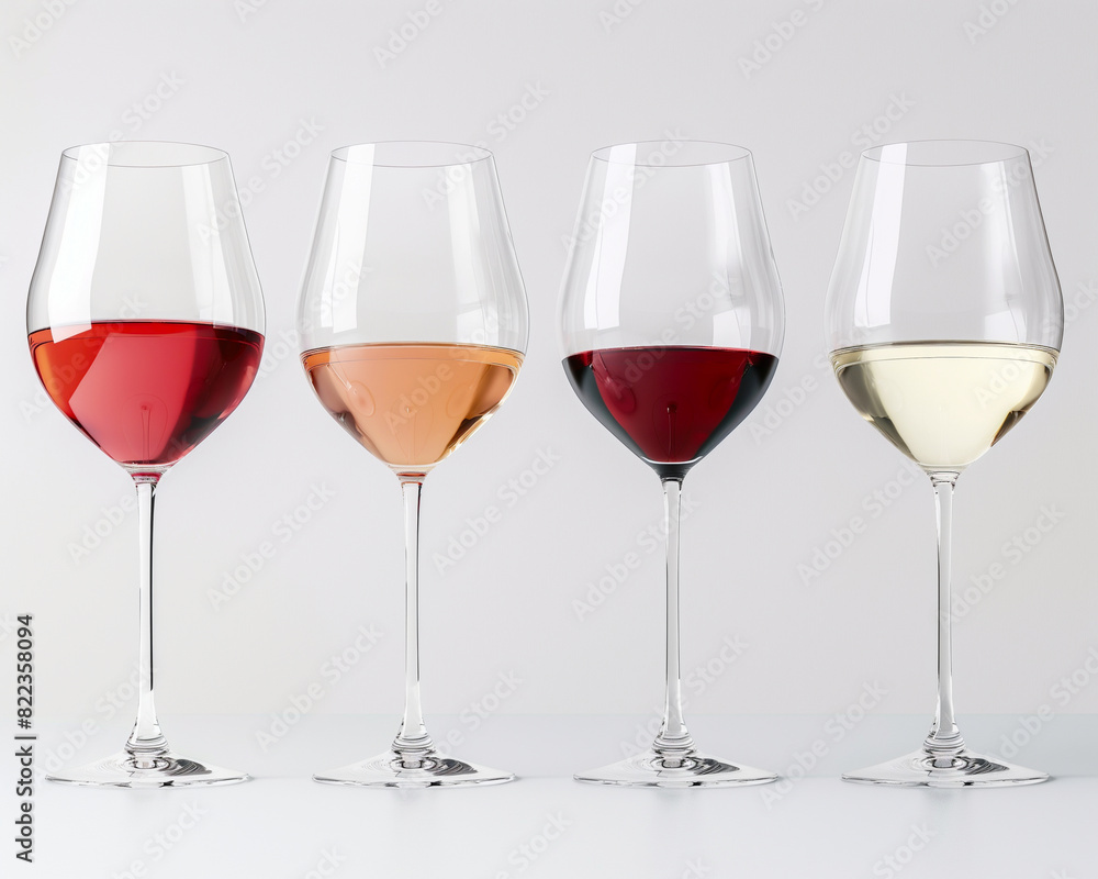 Four wine glasses with red, pink, white wine on a light background Four wine glasses with red, pink, white wine on a light background