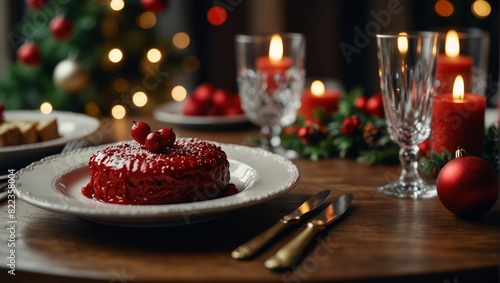 Christmas day dinner table setting. Christmas festive meal with red decorations.