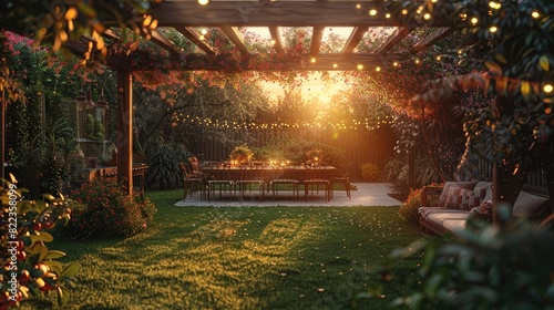 Enchanting Garden Patio with Pergola at Sunset