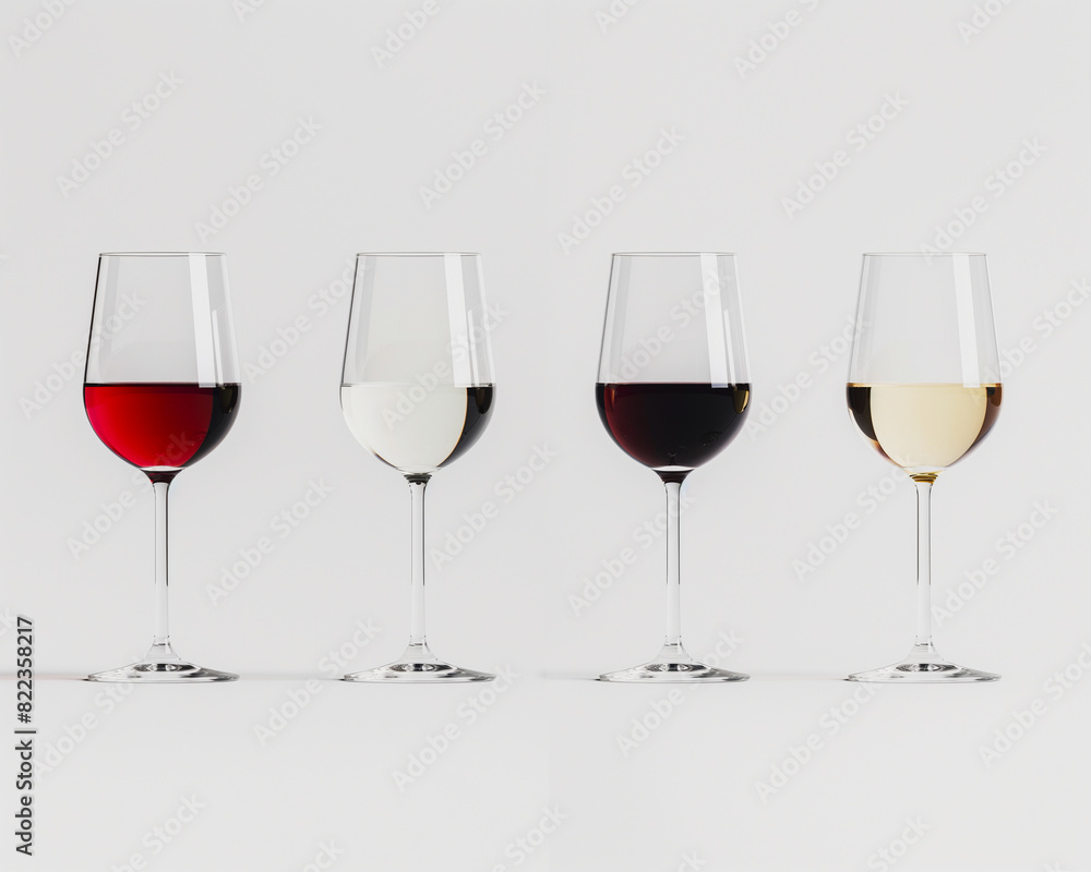 Four wine glasses with red, pink, white wine on a light background Four wine glasses with red, pink, white wine on a light background
