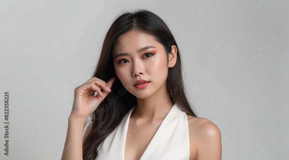 Beautiful attractive asian woman model woman thinking with hand in her head, isolated white background Beautiful attractive asian woman model woman thinking with hand in her head, isolated white background