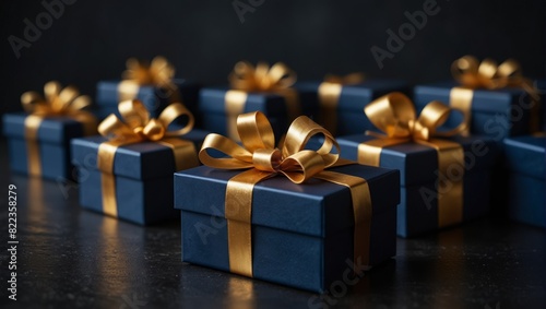 Collection of luxurious dark blue gift boxes with elegant gold ribbons, assembled on a black surface. photo