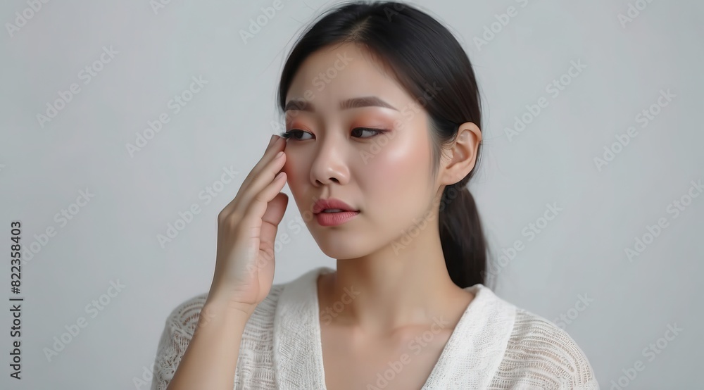 Beautiful attractive asian woman model thinking with hand in her head, isolated white background Beautiful attractive asian woman model thinking with hand in her head, isolated white background