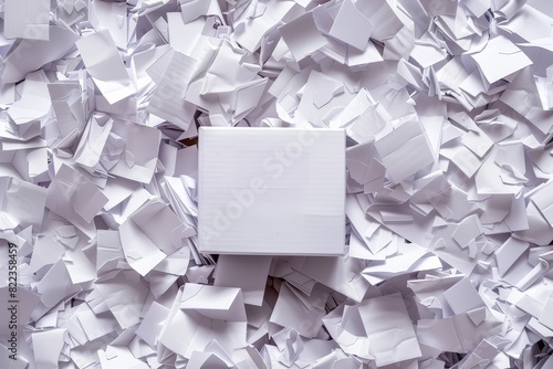 A white box is sitting on top of a pile of shredded paper