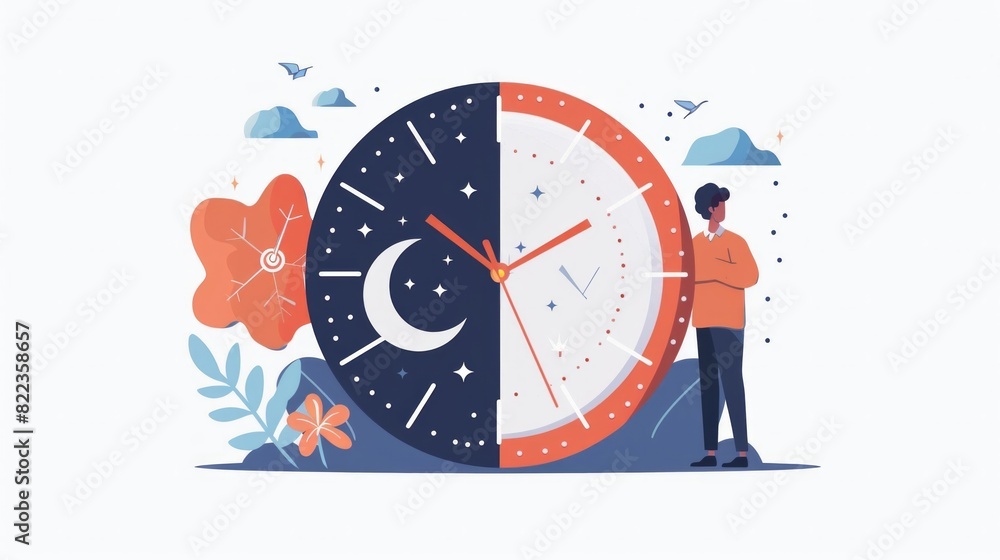 Person near clock, changing day and night circle, day and might routine, circadian rhythm, time for rest and work concepts Person near clock, changing day and night circle, day and might routine, circadian rhythm, time for rest and work concepts