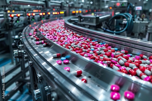 An advanced pharmaceutical production line with automated machines that efficiently process large quantities of colored capsules Pharmaceutical manufacturing concept AI generated