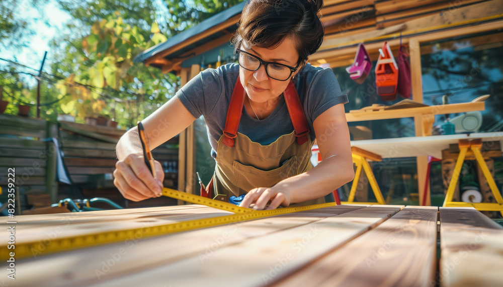 Woman measuring and marking wooden plank in backyard workshop, showcasing meticulous craftsmanship under sunny natural light.