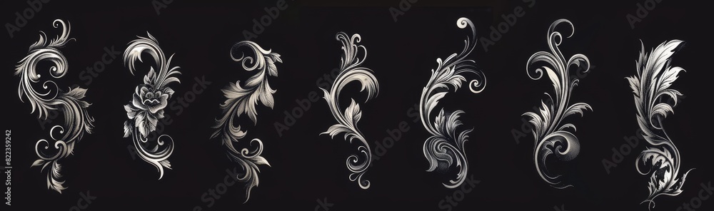 Collection of black flourish artwork with ornate floral designs and elegant curves presented on a dark background.. Collection of black flourish artwork with ornate floral designs and elegant curves presented on a dark background..