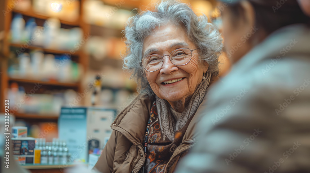 Smiling elderly woman in a pharmacy, engaged in a warm conversation, with colorful medicine shelves in the background. Smiling elderly woman in a pharmacy, engaged in a warm conversation, with colorful medicine shelves in the background.
