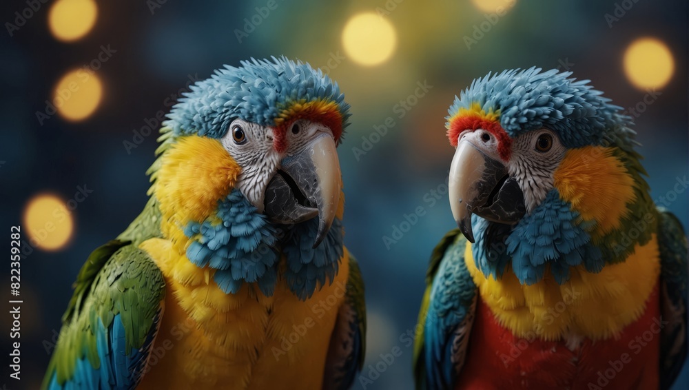Three colorful parrots are standing next to each other on a blue and yellow background,. Three colorful parrots are standing next to each other on a blue and yellow background,.