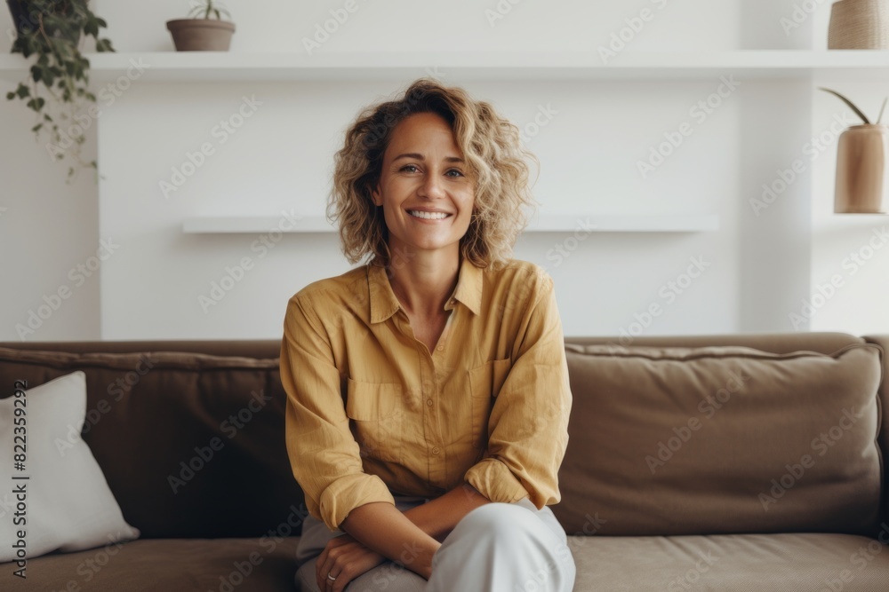 Portrait of a blissful woman in her 40s smiling at the camera over crisp minimalistic living room Portrait of a blissful woman in her 40s smiling at the camera over crisp minimalistic living room