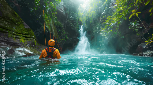 An adventurer in an orange helmet and life vest stands in a turquoise pool gazing at a stunning waterfall in a tropical jungle. photo