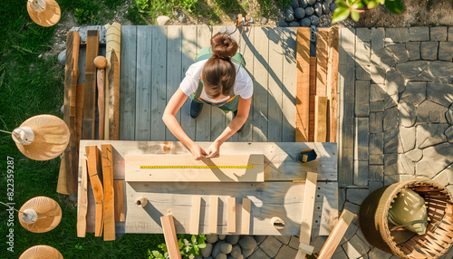Female carpenter measuring wood for a DIY project at an outdoor workbench in a sunny garden, viewed from above.