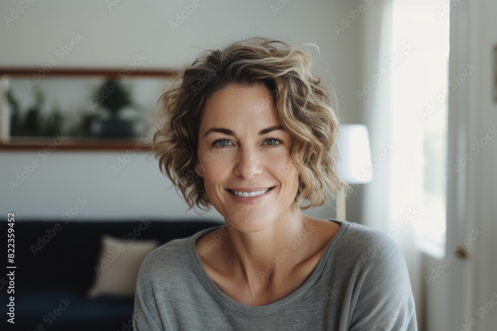 Portrait of a blissful woman in her 40s smiling at the camera in front of crisp minimalistic living room Portrait of a blissful woman in her 40s smiling at the camera in front of crisp minimalistic living room