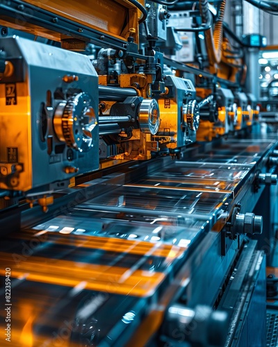 An industrial printing press machine operating on a factory floor, showcasing advanced manufacturing technology and automation