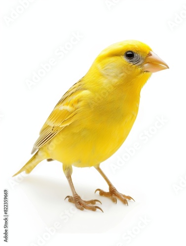 Close-up of a bright yellow canary in profile against a white background, showcasing its delicate features and vibrant plumage. © burntime555