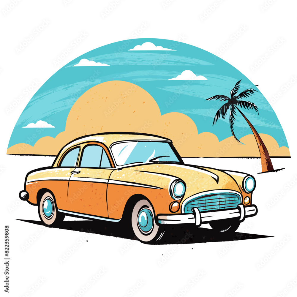 classic vintage car on a summer beach, illustrated in a minimalist flat design style with simple shapes and clean lines