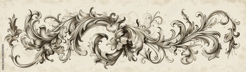 Fototapeta premium Monochrome swirls and floral patterns stretching across a dark background in a seamless design..