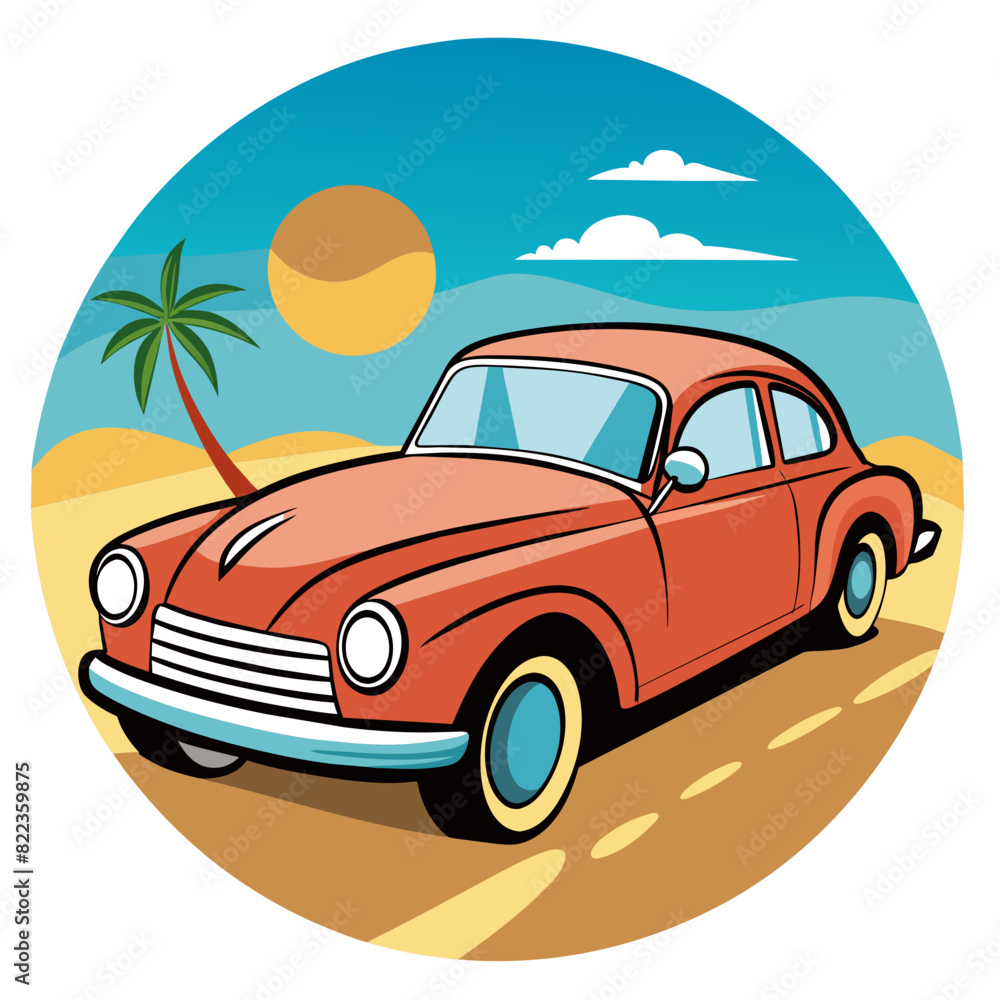 classic vintage car on a summer beach, illustrated in a minimalist flat design style with simple shapes and clean lines