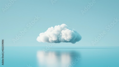 Serene Minimalist Scene with a Single White Fluffy Cloud Reflected on a Calm Blue Ocean under a Clear Sky
