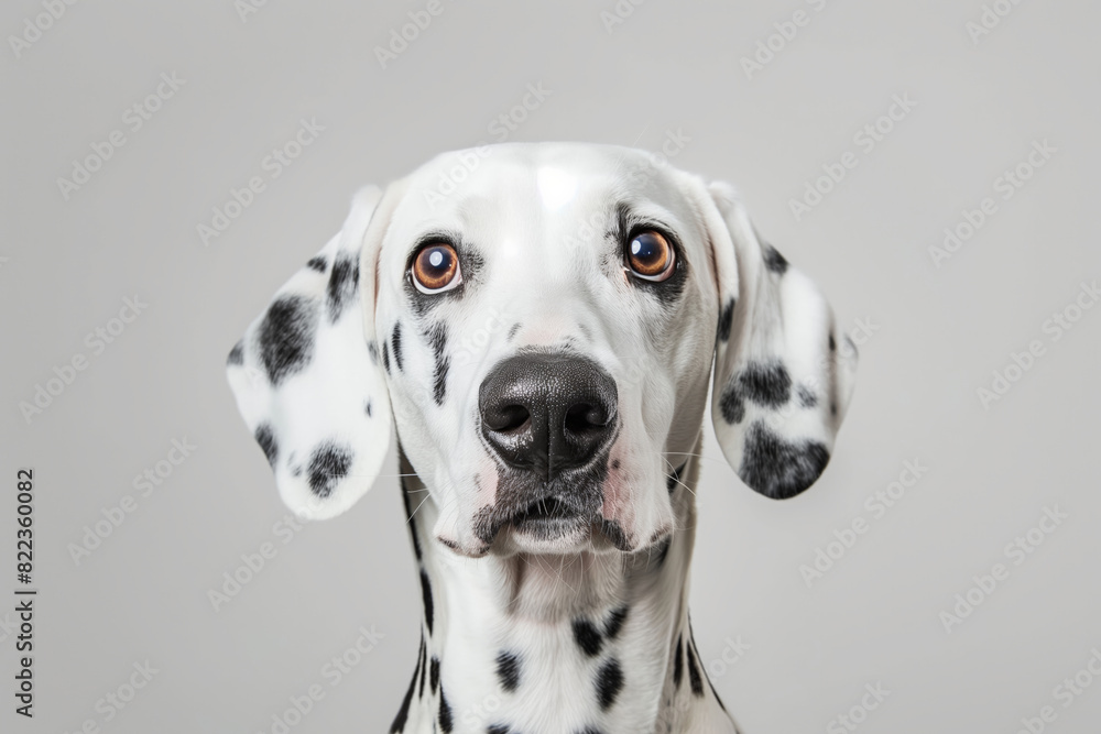 Dalmatian dog with black spots and white background, staring directly into the camera with curious expression Dalmatian dog with black spots and white background, staring directly into the camera with curious expression